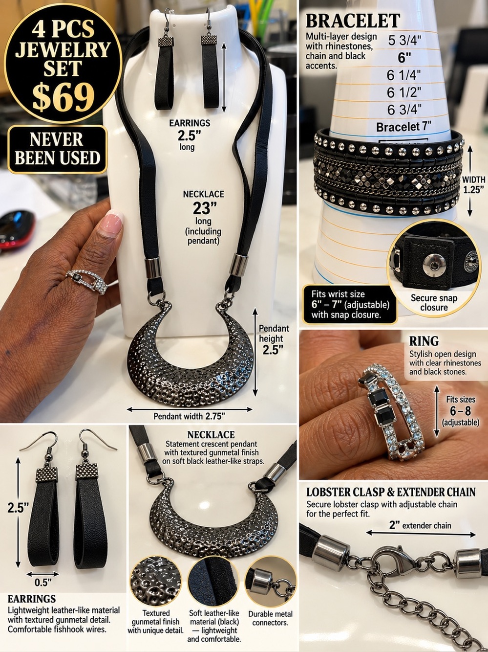 4-Piece Women’s Black Gunmetal Necklace Set with Rhinestone Ring